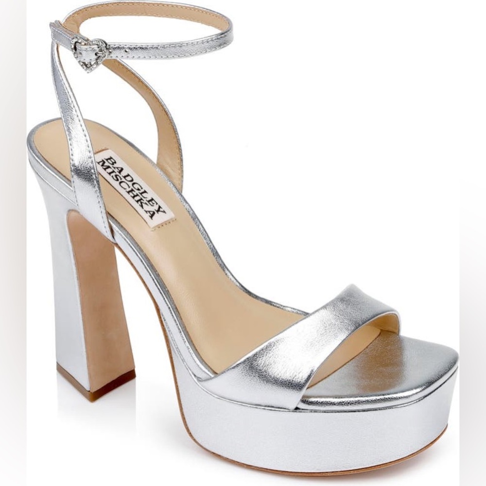 Badgley Mischka Collection Caia Ankle Strap Platform Sandals in Silver, Size 9
